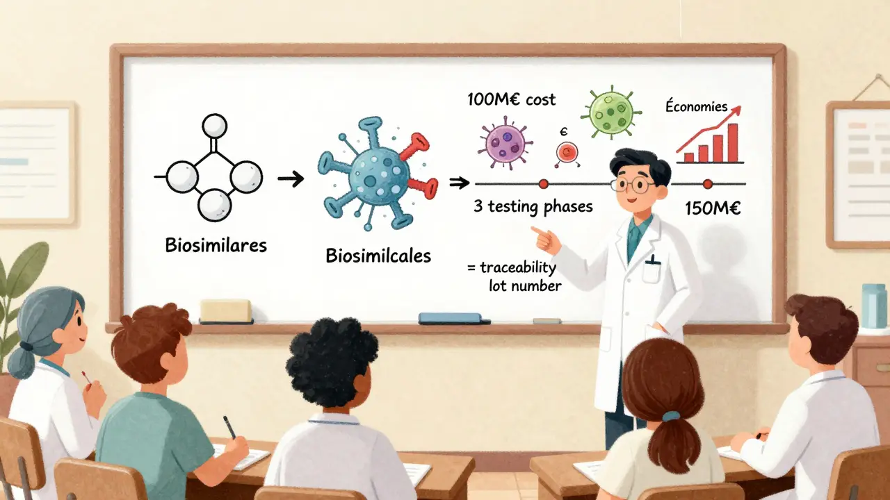 Salle de formation médicale avec un tableau comparant génériques et biosimilaires, et des éléments de preuve clinique.