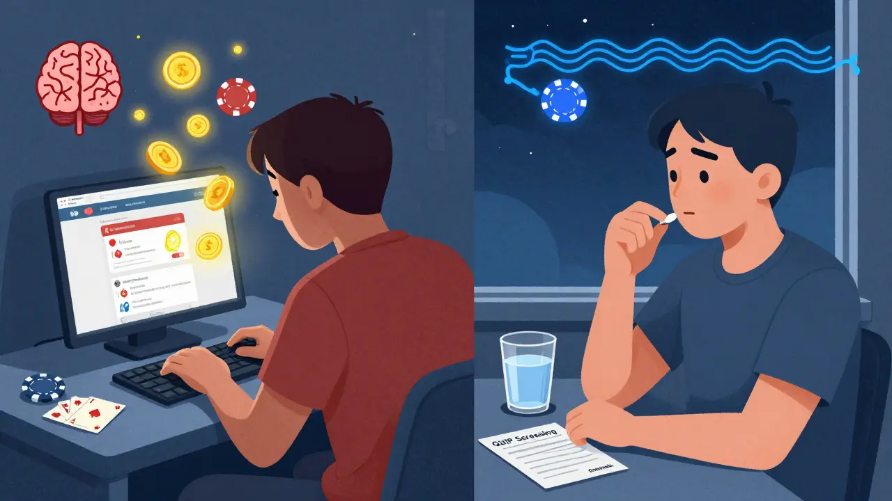 Scène divisée : patient en proie à des compulsions à gauche, calme et en traitement avec pregabalin à droite.