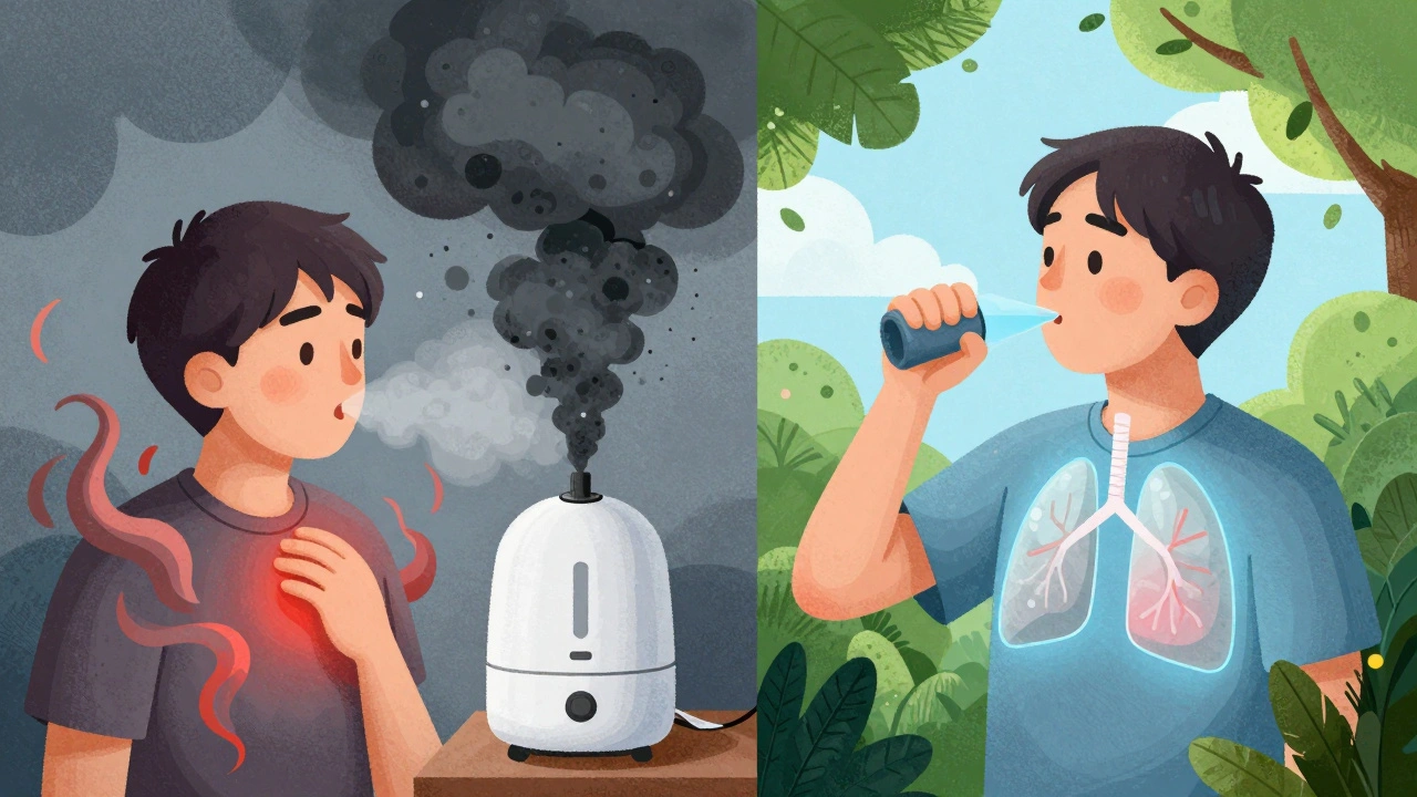 Scène divisée : poumons endommagés par un humidificateur sale vs. poumons sains dans un jardin.