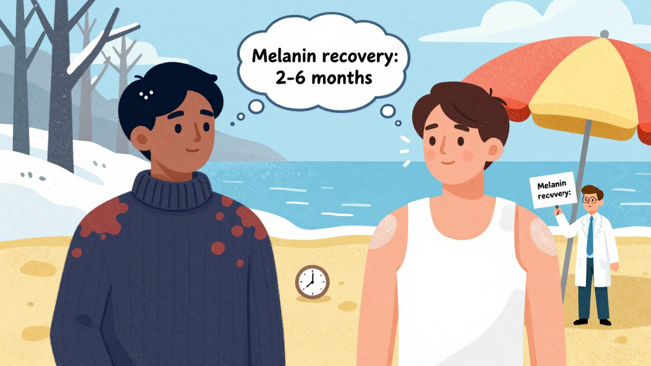 Scène en deux saisons montrant des taches claires en été et foncées en hiver, avec un champignon en pensée et un horloge symbolisant la récupération lente.