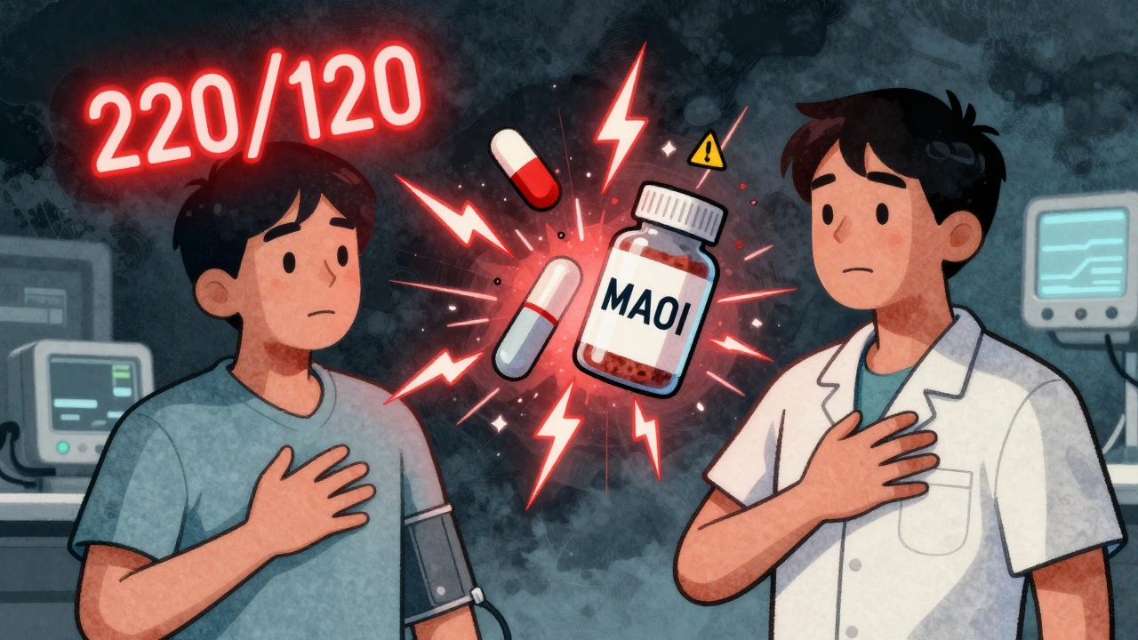 Scène médicale dramatique avec une crise hypertensive causée par la combinaison de phentermine et d&#039;IMAO.