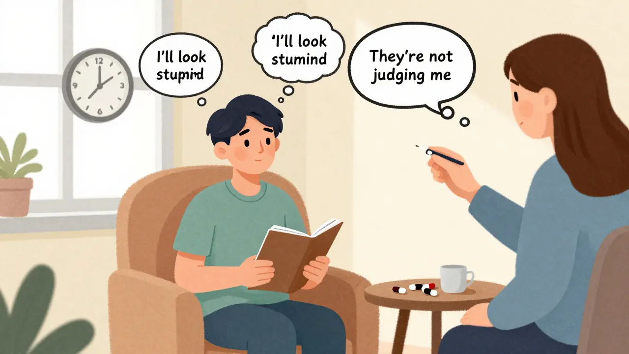 Séance de thérapie où des pensées négatives sont transformées en pensées positives, lumière douce et style texturé.