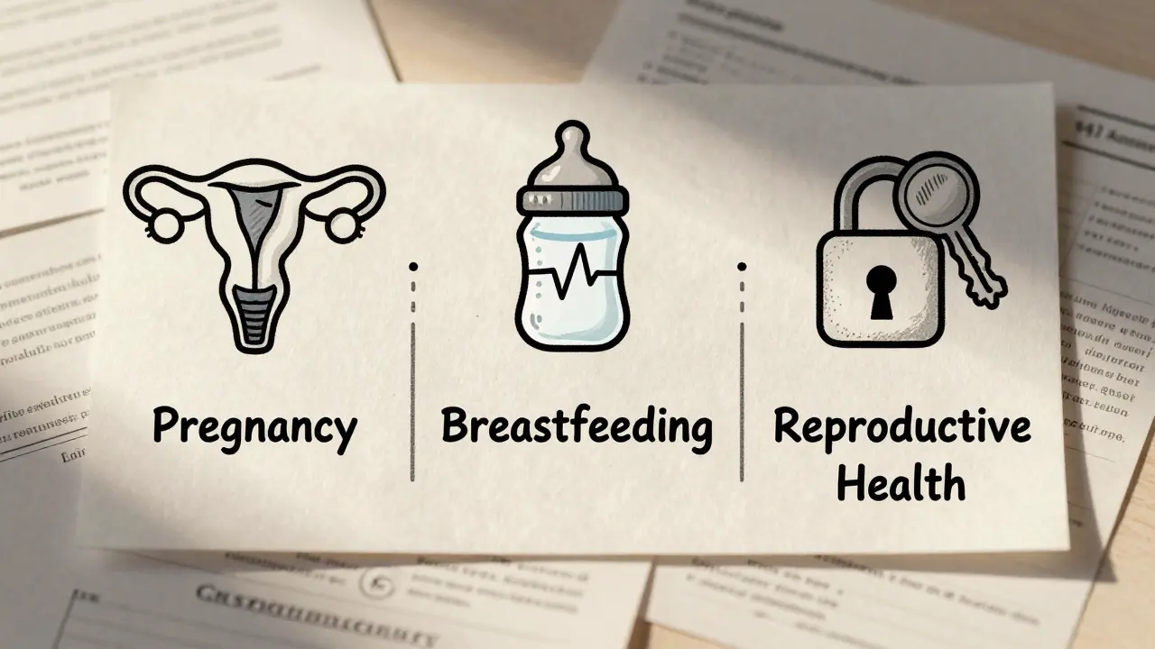 Tableau médical divisé en trois sections avec icônes représentant la grossesse, l'allaitement et la contraception.