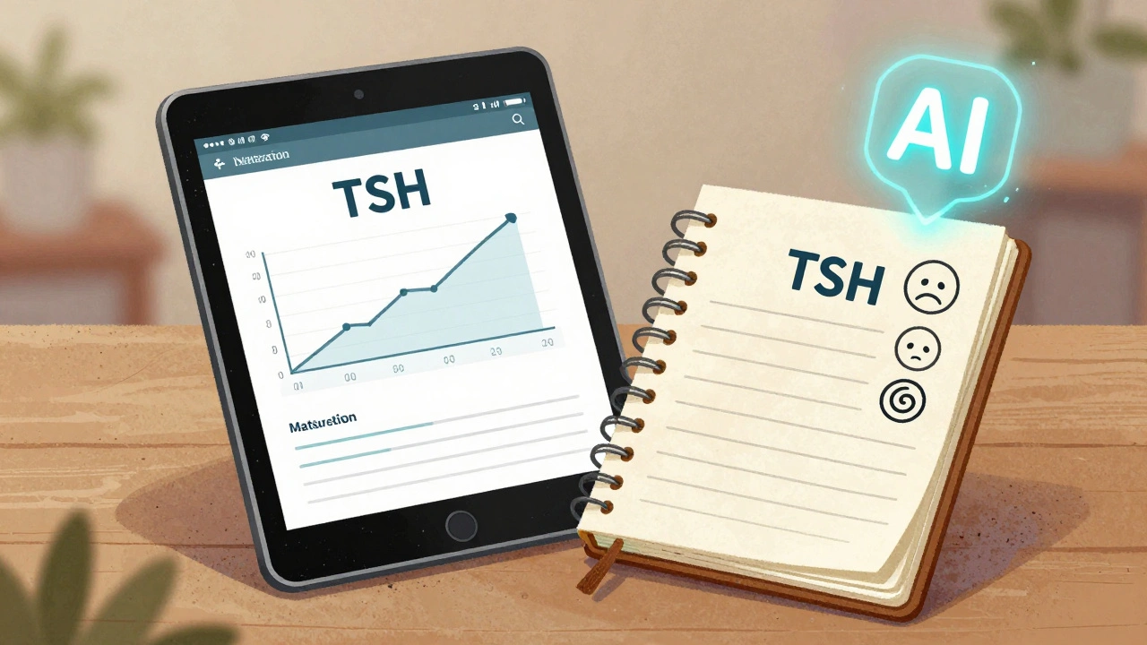 Tablette numérique et journal papier côte à côte, montrant des données de santé et une interface d&#039;IA.