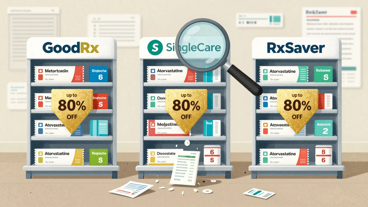 Trois applications de comparaison de prix pour médicaments génériques avec des réductions visibles sur des étagères de pharmacie.