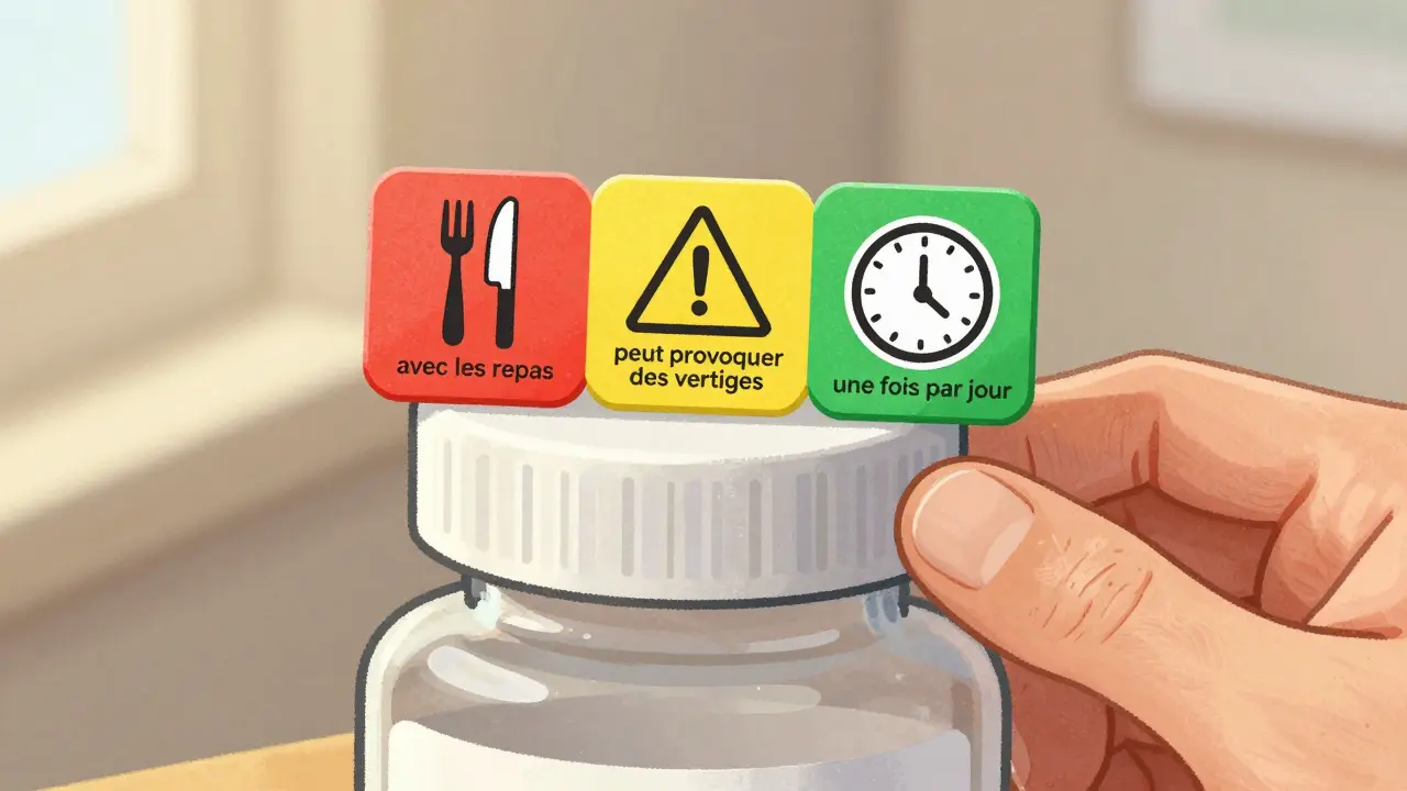 Trois autocollants colorés avec des pictogrammes placés sur le bouchon d’un flacon de médicament.