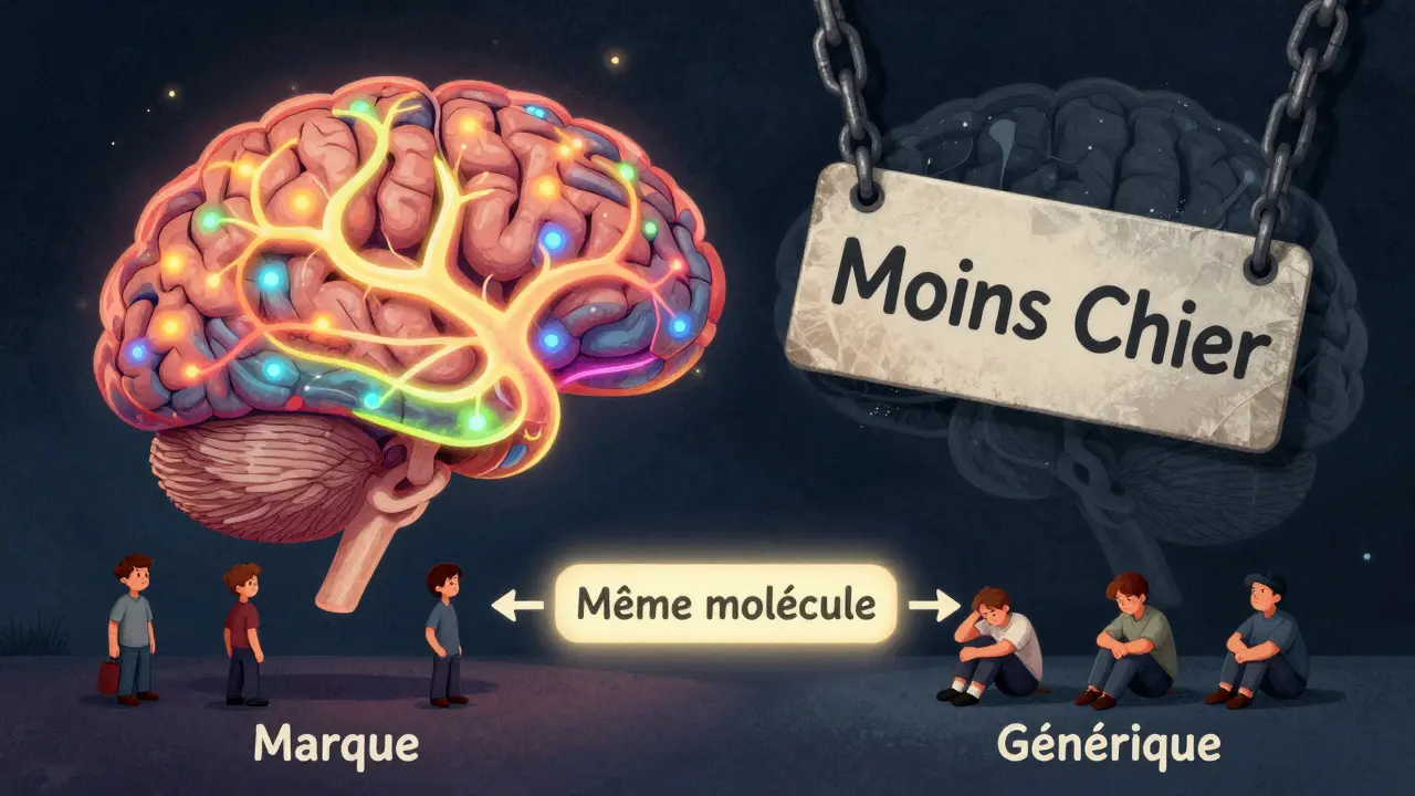 Un cerveau divisé entre perception positive d'un médicament de marque et négative d'un générique.