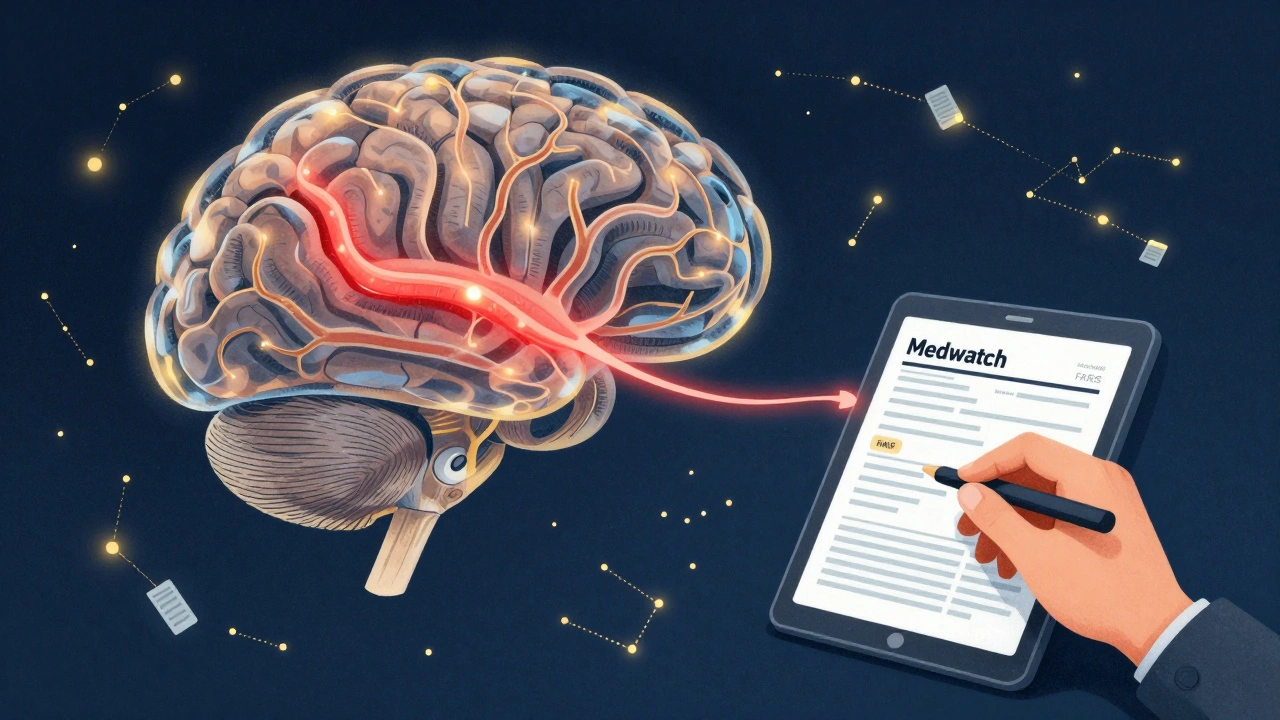 Un cerveau transparent avec des voies nerveuses lumineuses connectées à un formulaire MedWatch, entouré de rapports anonymes.