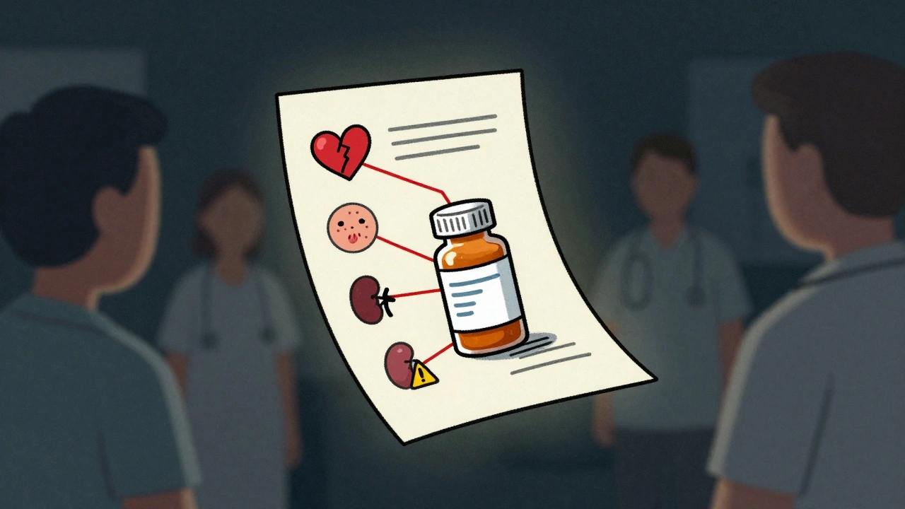 Un médicament central relié à des symptômes graves par des fils rouges, entouré de silhouettes de patients.
