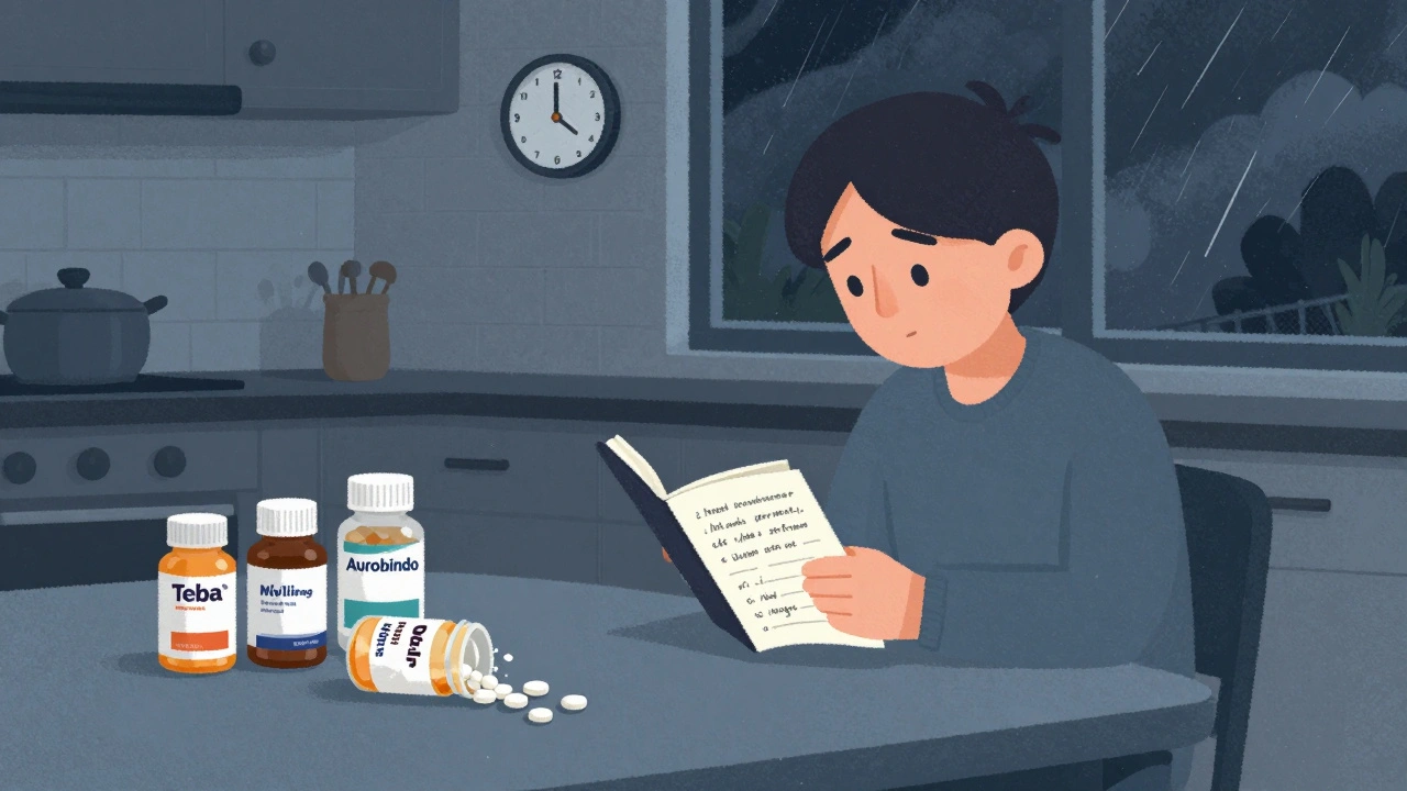 Un patient note ses changements d&#039;humeur près de bouteilles de génériques aux fabricants différents.