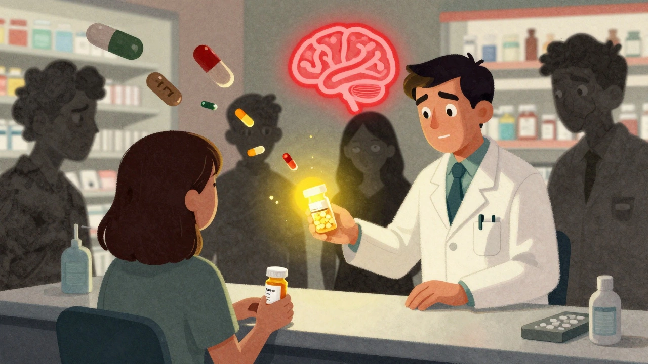 Un pharmacien remet un générique à un patient, tandis que des versions instables des pilules flottent en arrière-plan.