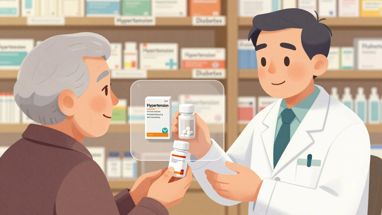 Un pharmacien remet une pilule sans marque à un patient, avec une vue transparente montrant l&#039;équivalence avec le médicament de marque.