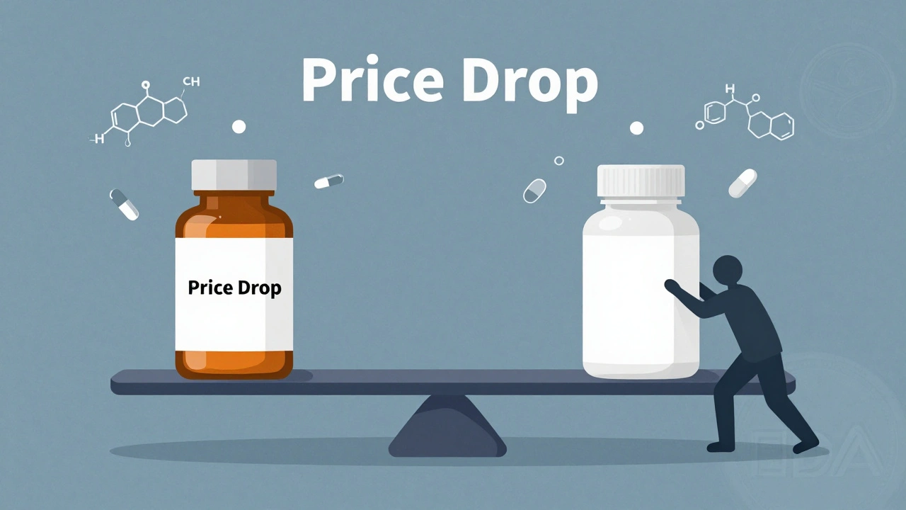 Une balance équilibrée entre un médicament de marque et son générique autorisé, avec des éléments chimiques identiques flottant autour.