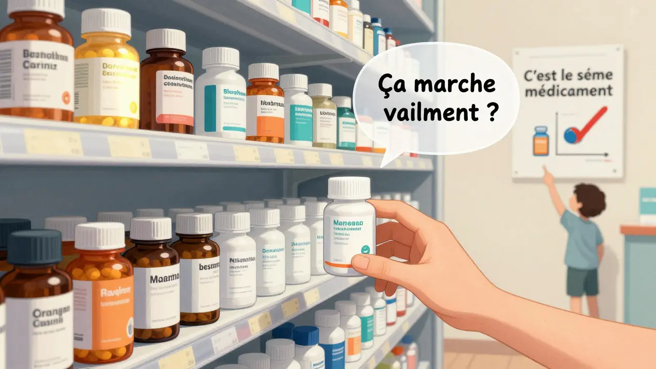 Une étagère de pharmacie avec des médicaments de marque et génériques, une main hésitant à choisir le générique.