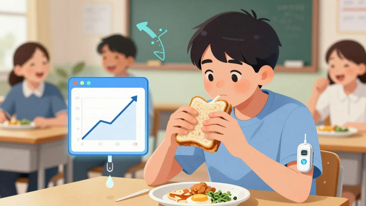 Adolescent mangeant à la cantine avec une pompe à insuline discrète et un graphique automatique corrigeant sa glycémie.