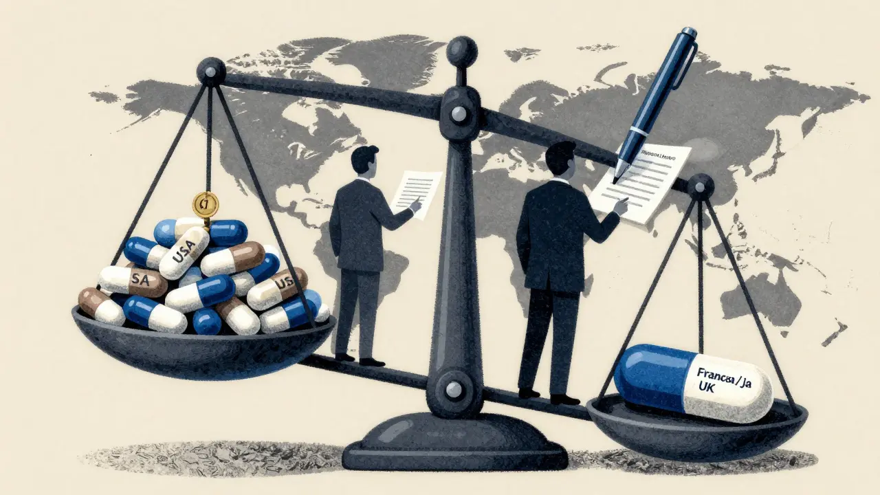 Balance géante comparant le prix d'un générique aux États-Unis et dans d'autres pays, avec des figures d'entreprises.