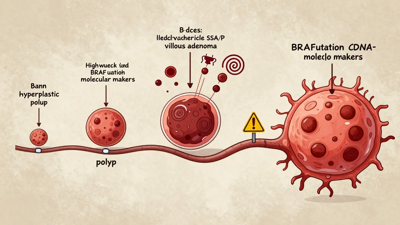 Chronologie illustrée de la progression d'un polype bénin vers un cancer, avec symboles moléculaires et signes d'alerte le long du chemin.