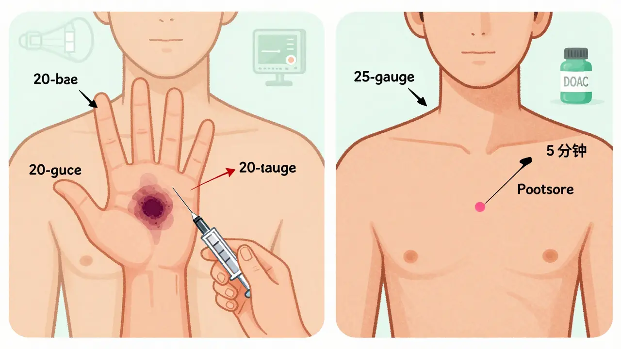 Comparaison visuelle : ecchymose importante vs. petite marque après vaccination, selon la technique utilisée.