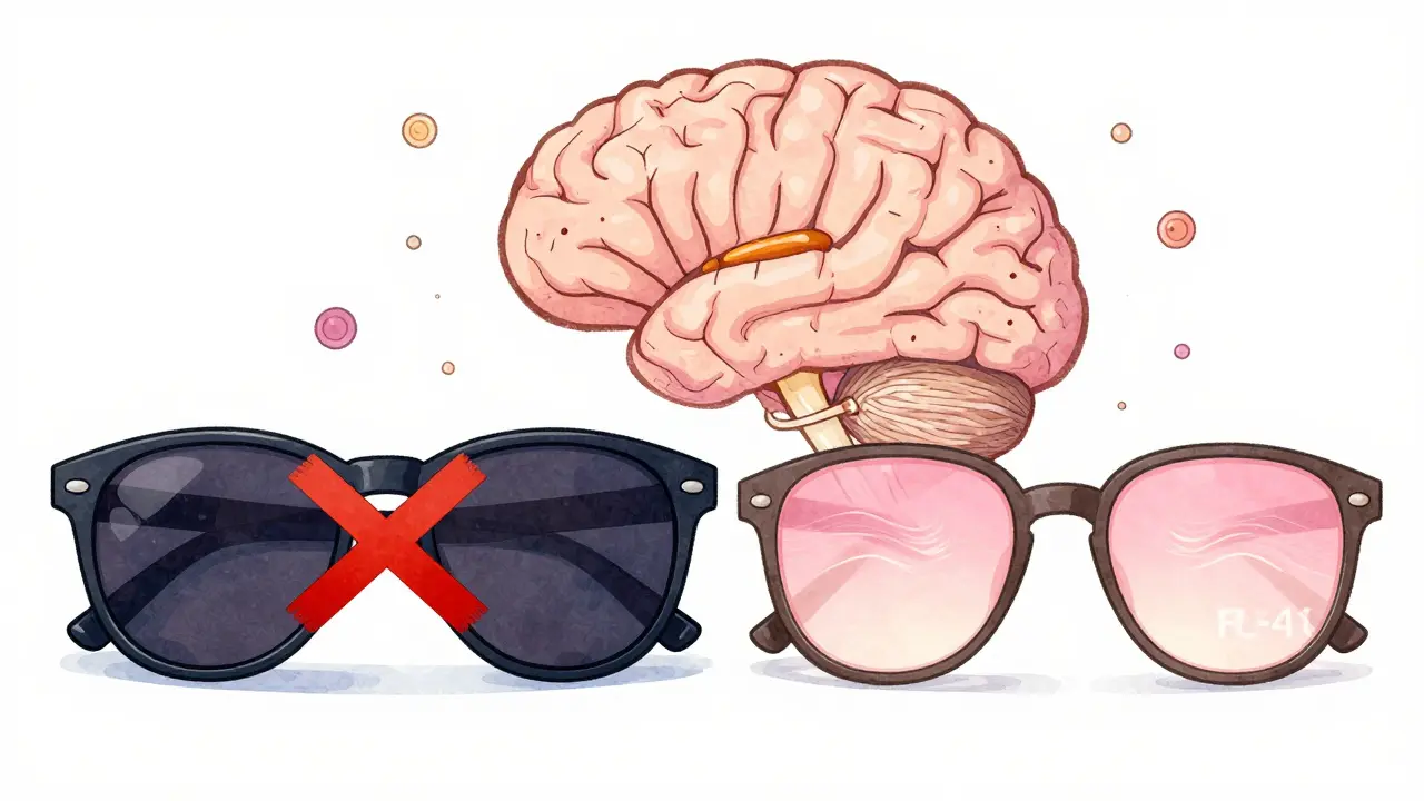 Deux paires de lunettes comparées : classiques barrées et lunettes FL-41 filtrant la lumière.