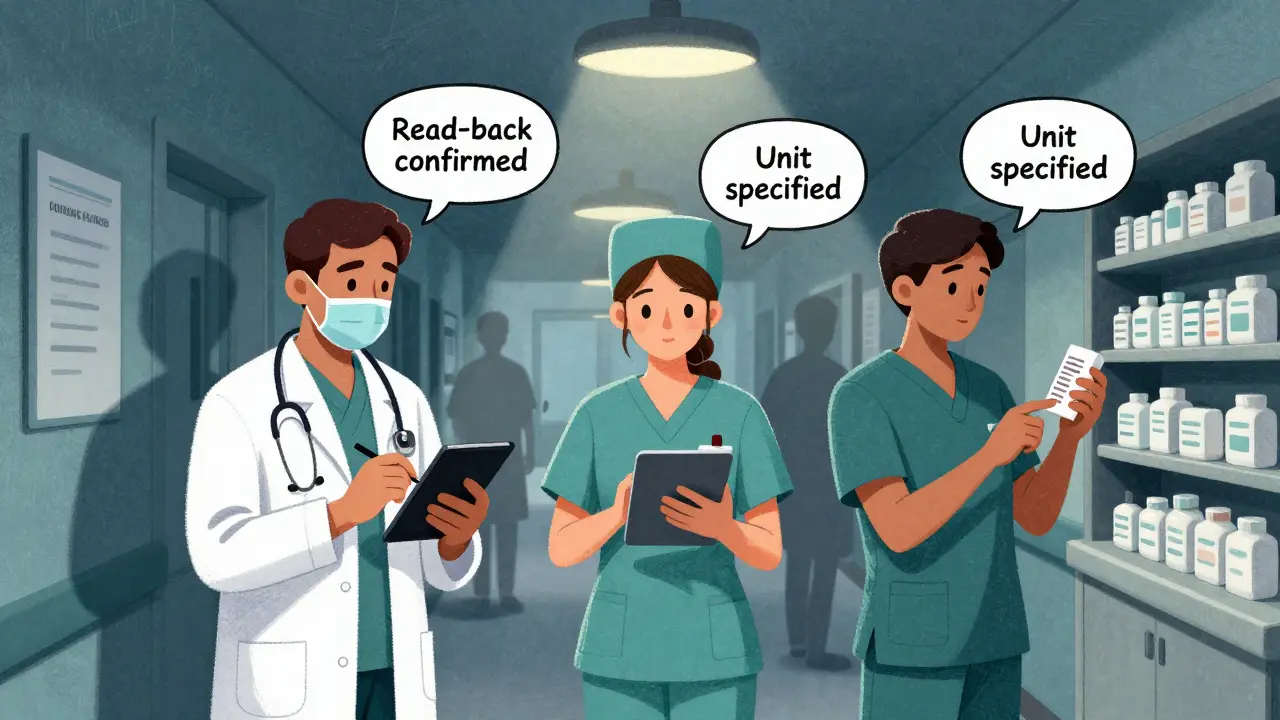 Équipe médicale dans un couloir hospitalier la nuit, transcrivant un ordre verbal avec précision sous une lumière unique.