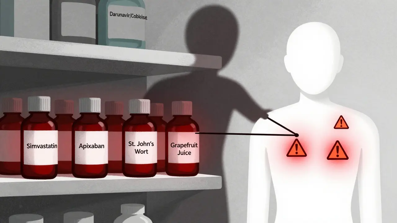 Étagère de médicaments en danger sous l'ombre d'un antiviral, avec des interactions mortelles signalées par des symboles rouges sur un corps humain.