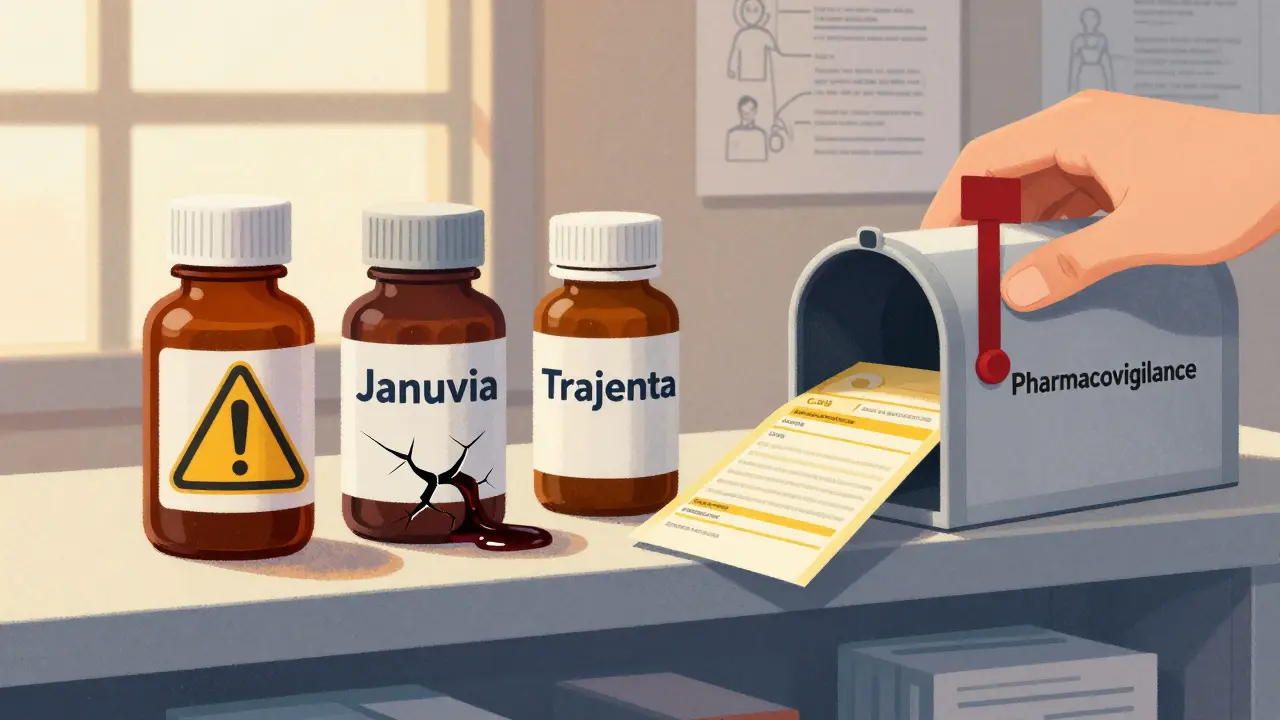 Étagère de pharmacie avec un médicament fissuré et un formulaire de pharmacovigilance en train d’être déposé.