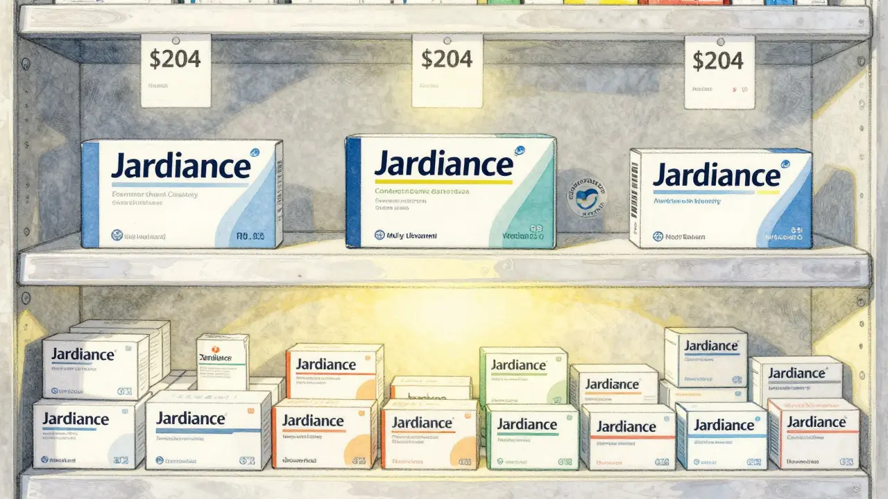 Étagère de pharmacie divisée entre génériques abordables en bas et médicaments de marque coûteux en haut.