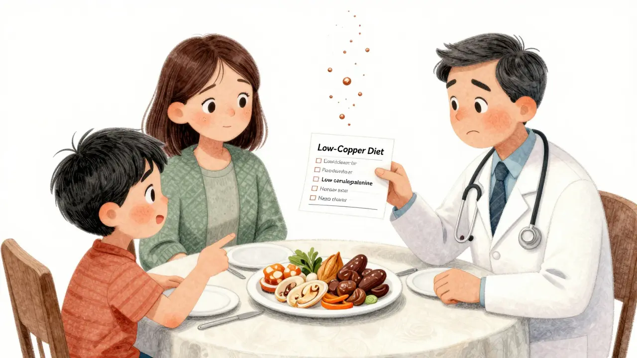 Famille à table avec un régime pauvre en cuivre, un enfant montre un résultat de sang anormal, des particules de cuivre flottent dans l'air.