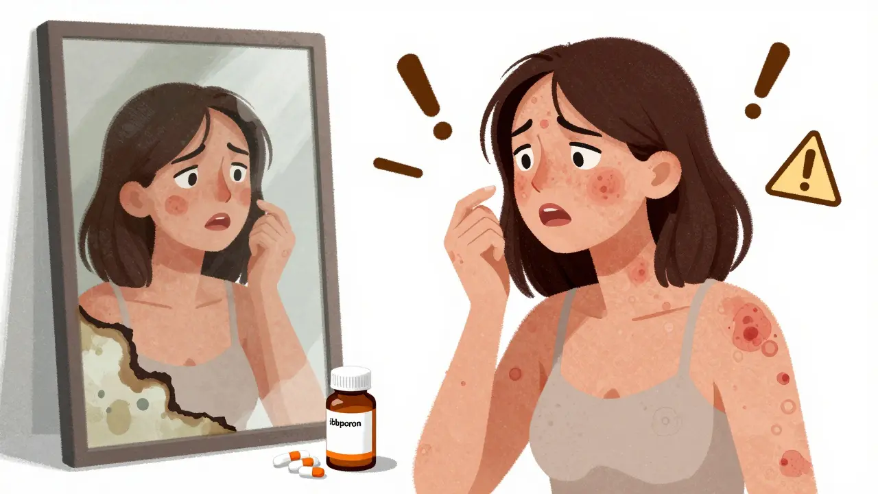 Femme présentant une éruption cutanée avec cloques, la peau semble se détacher comme du papier brûlé.