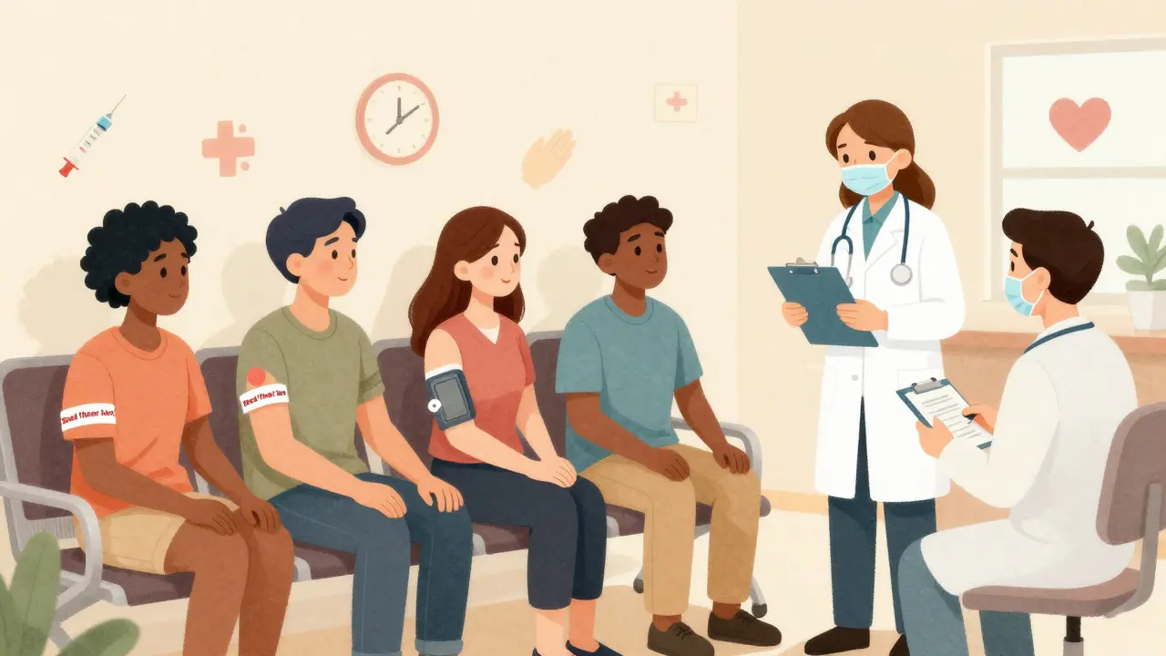 Groupe de patients avec bracelets d'alerte anticoagulants, discutant en toute sécurité avec un professionnel de santé.