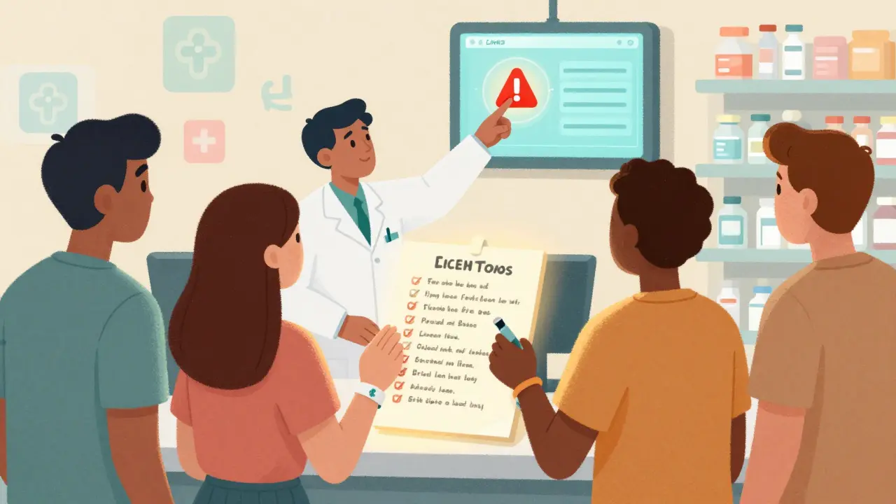 Groupe de personnes avec une liste de médicaments, un pharmacien montre des interactions dangereuses sur un écran.