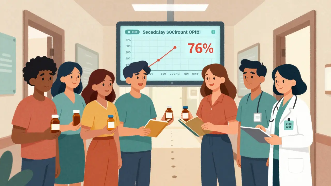 Groupe de personnes remettant leurs traitements à un pharmacien spécialisé, dans un couloir lumineux symbolisant l'espoir.