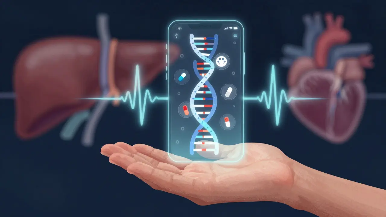 Interface futuriste affichant l'ADN et les médicaments en interaction en 3D.