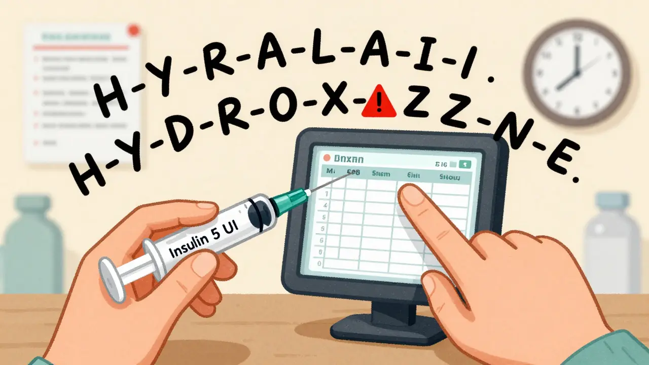 Mains tenant une seringue d'insuline, entourées de lettres de médicaments à prononciation similaire en danger.