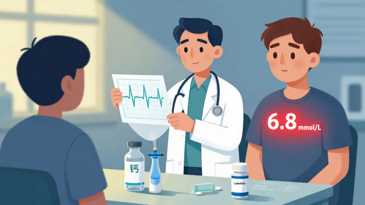 Médecin analysant un ECG anormal avec des traitements d'urgence sur la table.