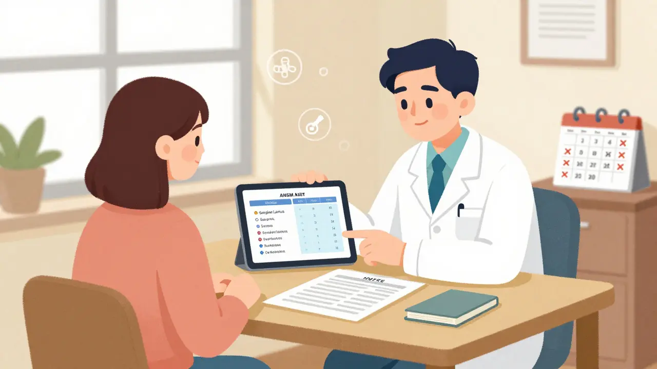 Médecin et patient en consultation, regardant ensemble une tablette avec des alternatives médicamenteuses.