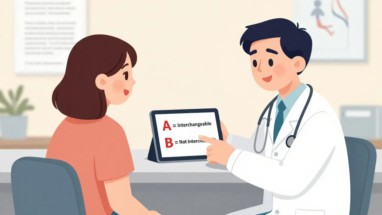 Médecin expliquant à un patient la différence entre les génériques interchangeables et non interchangeables sur un écran.