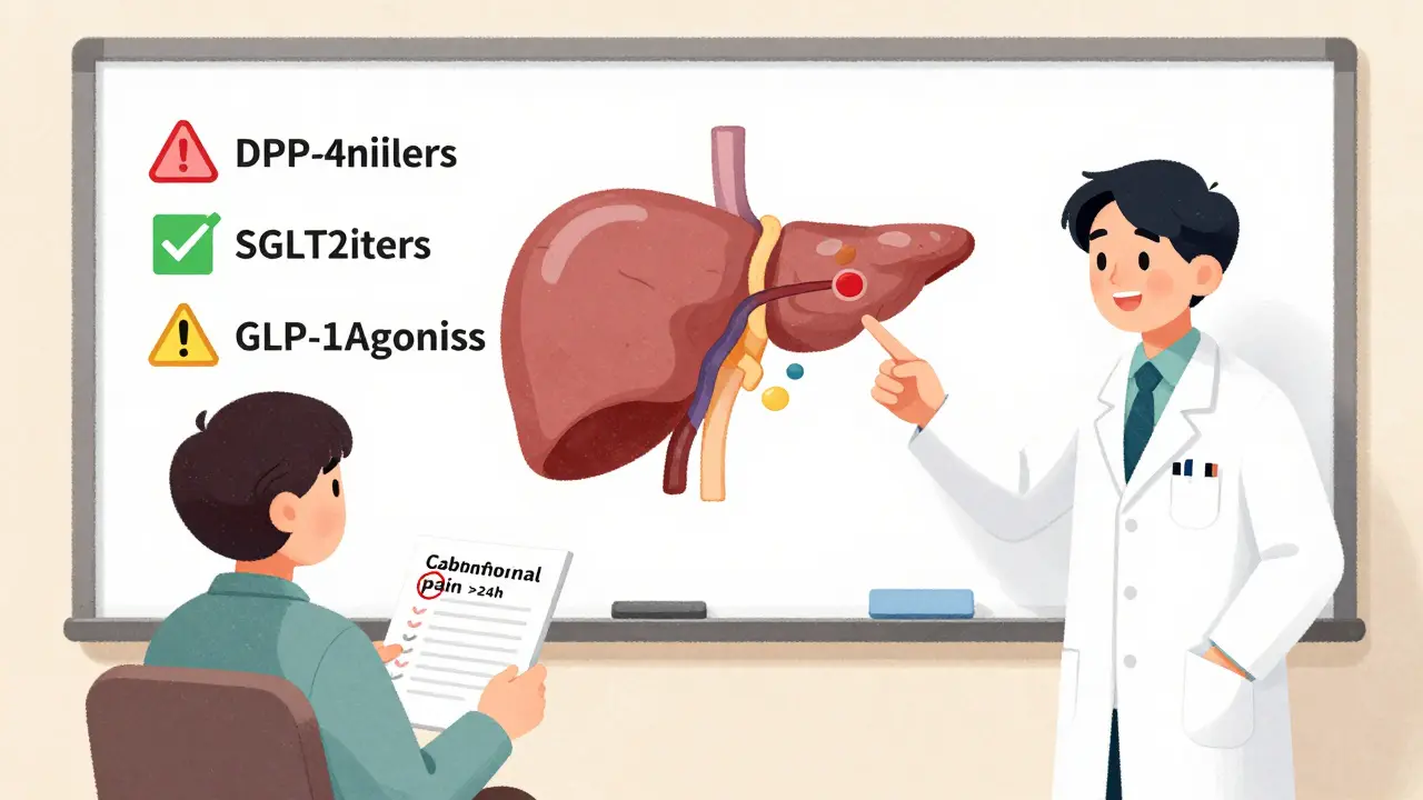 Médecin expliquant les risques des médicaments contre le diabète sur un schéma du pancréas.