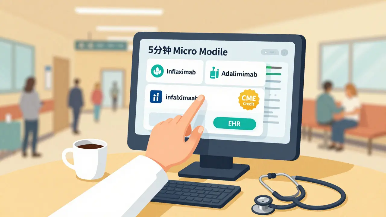 Médecin interagissant avec un système EHR qui affiche un module de formation de 5 minutes sur les biosimilaires.