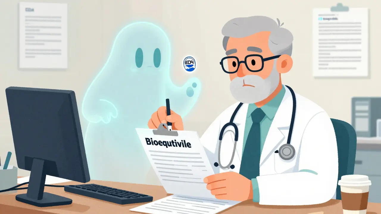 Médecin prescrivant un médicament de marque avec une version générique transparente et un badge bioéquivalent.