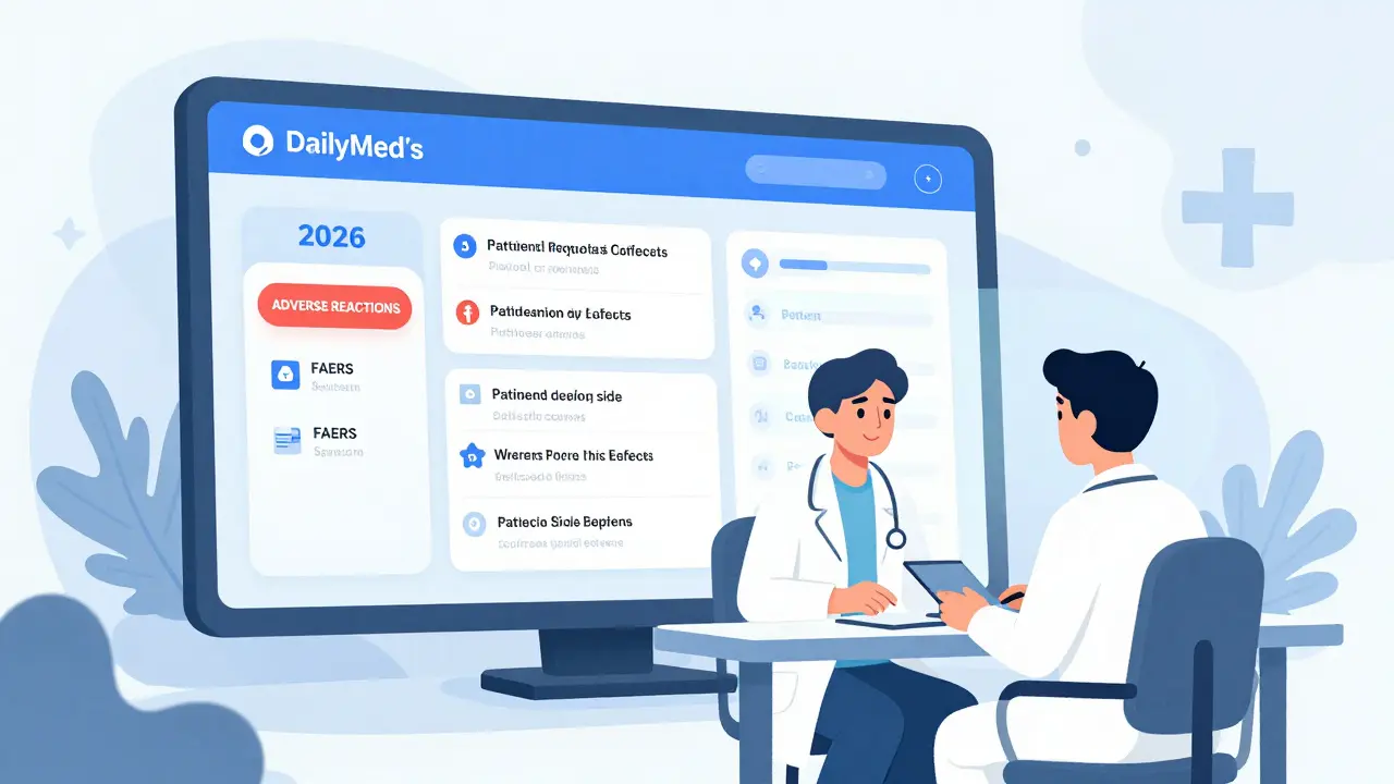 Modern DailyMed interface in 2026 showing real-time patient side effect data and a one-click access button.
