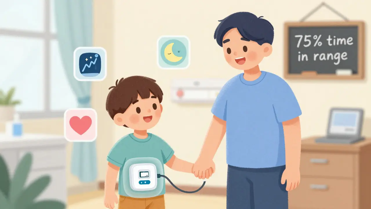 Parent et enfant dans un cabinet médical, une pompe automatisée visible sous la peau avec des icônes de sécurité et de stabilité.