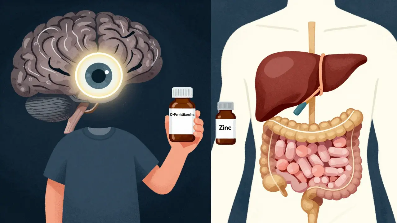 Patient entre deux mondes : un cerveau affecté par le cuivre et un foie protégé par le zinc, illustré en textures texturées.