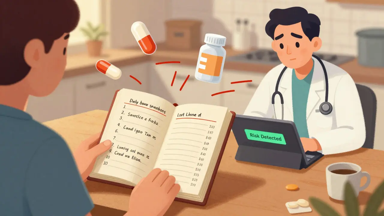 Patient notant ses symptômes dans un journal, entouré d'icônes médicamenteuses et d'une alerte de risque affichée sur un écran.