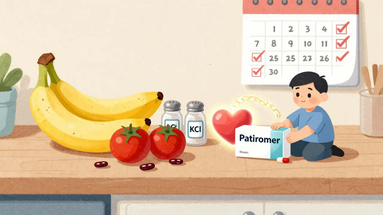 Patient remplaçant des aliments riches en potassium par un liant pour protéger son cœur.