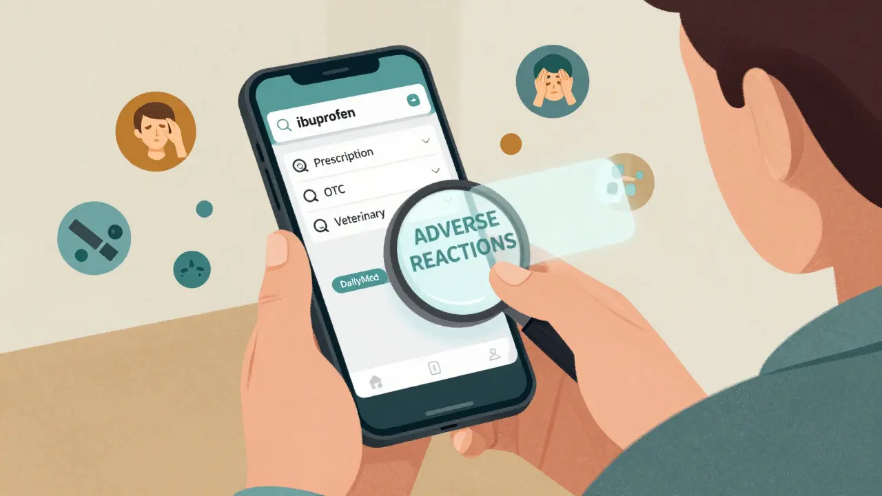 Patient searching for ibuprofen on DailyMed via smartphone, with filter options and adverse reactions section open.
