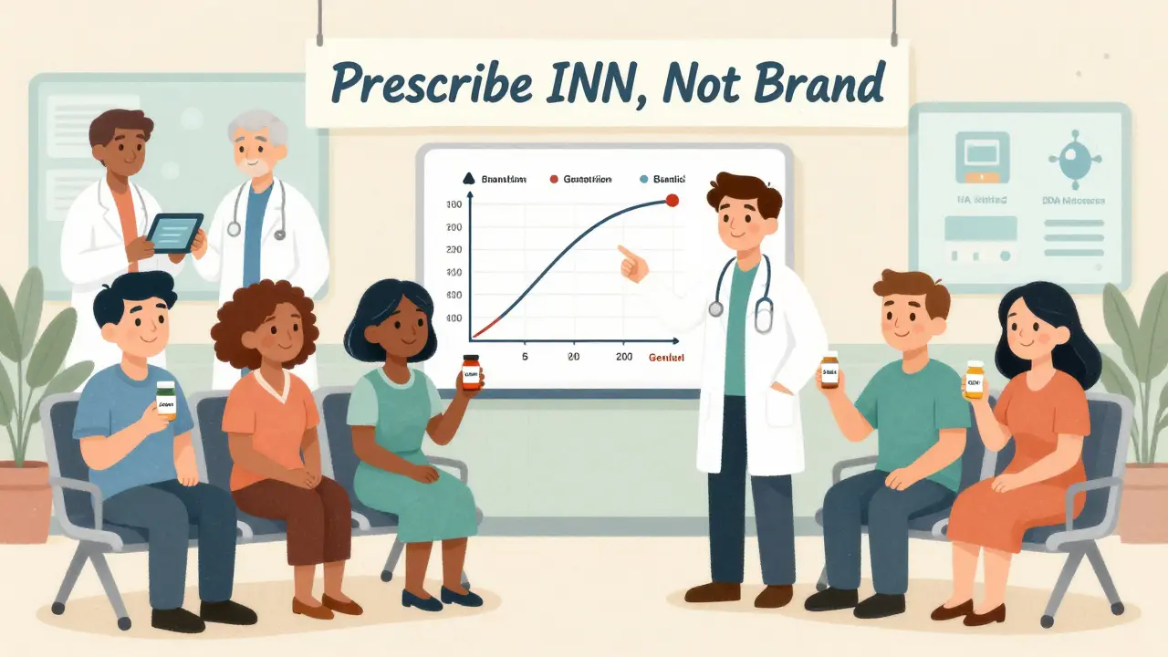 Patients confiants avec des médicaments génériques, un médecin expliquant l'équivalence avec un graphique visuel.