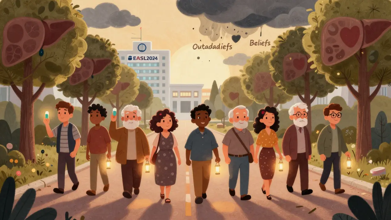 Patients marchant vers l'avenir, portant des statines comme des lanternes sous un ciel qui s'éclaircit.