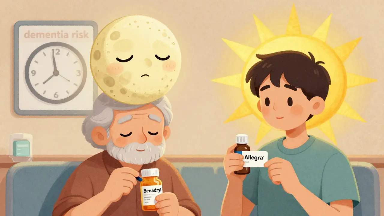 Personne âgée somnolente avec Benadryl, comparée à une personne alerte avec Allegra, sous un ciel symbolique.