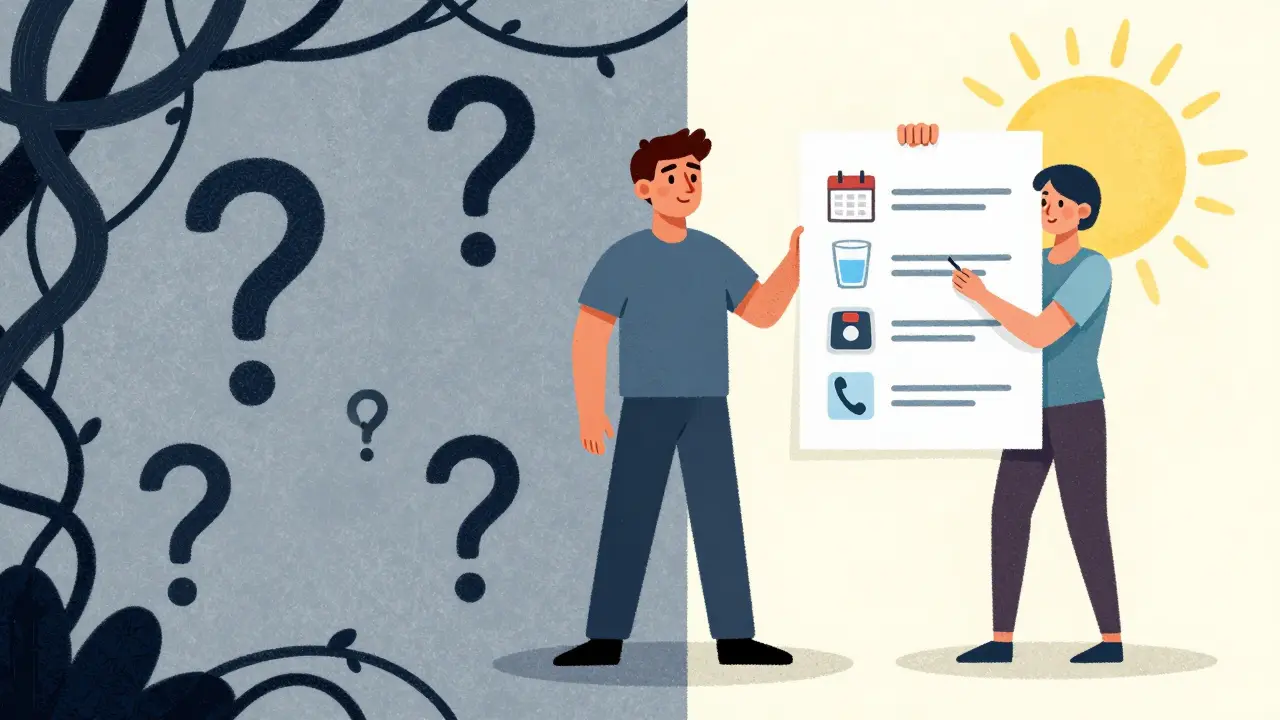 Personne face à deux chemins : l'un sombre avec des effets secondaires, l'autre lumineux avec des questions posées et des solutions.